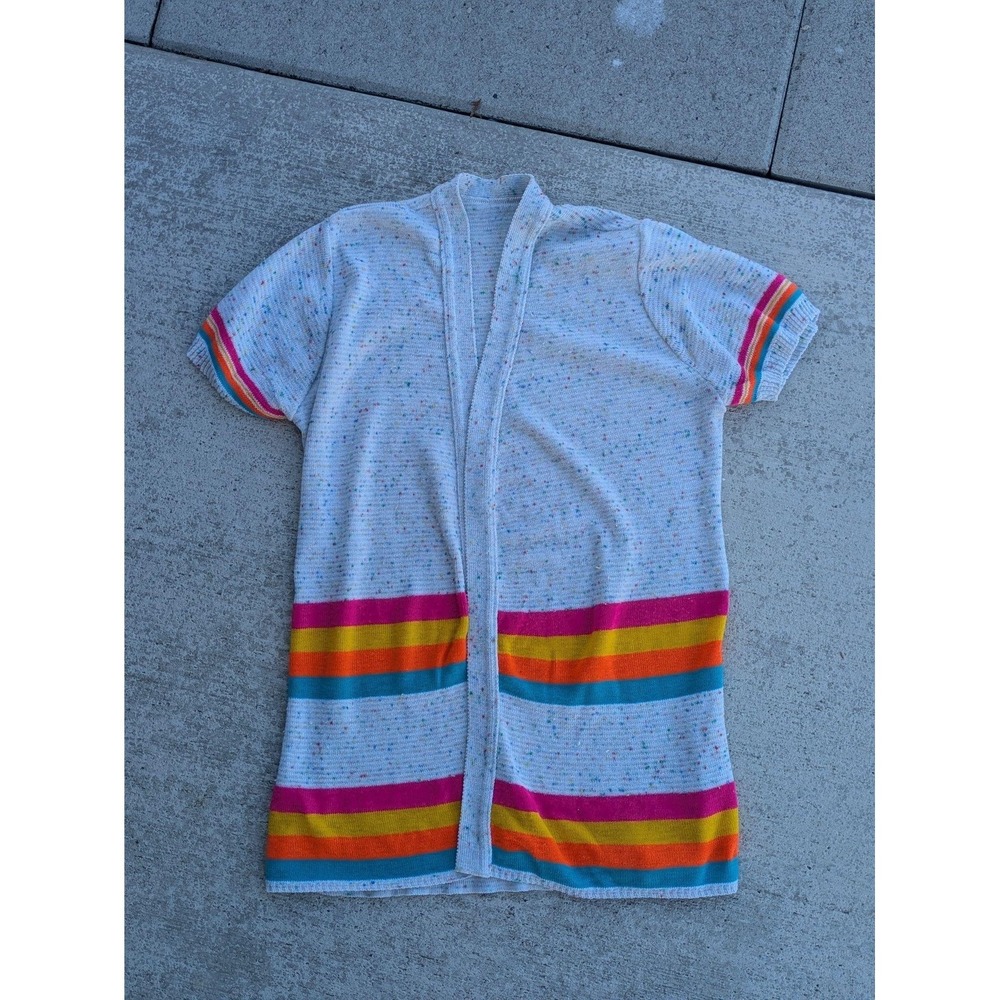 Vintage Rainbow Cardigan Sweater Girls 10-12 White Speckled Knit Open Front 70s